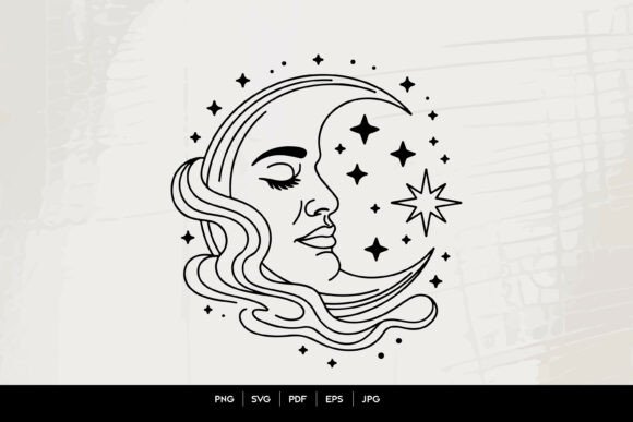 Celestial Moon Face Line Art SVG: Graphics & Illustrations