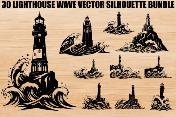 Lighthouse Wave Silhouette Bundle: Graphics & Illustrations