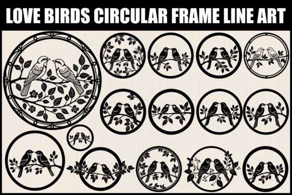 Love Birds Circular Frame Line Art: Graphics & Illustrations