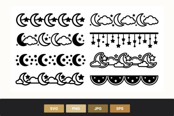 Moon Stars Clouds Vector Border Line Art Graphics