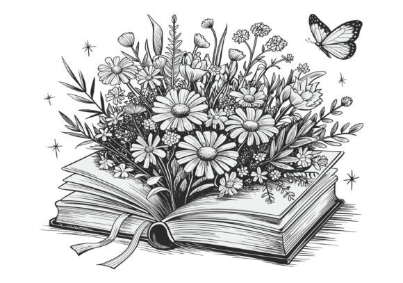 Open Book Silhouette, Floral Book Vector: Graphics & Illustrations