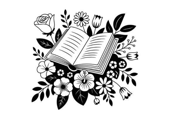 Open Book Silhouette with Flower Vector Graphics