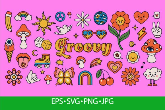 Retro 70s Hippie Stickers, Psychedelic Graphics & Illustrations