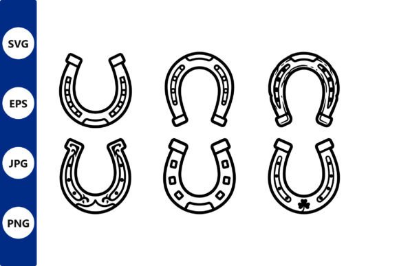 Six Black and White Horseshoe Line Art: Graphics & Illustrations