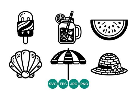 Summer Icons Black White Vector Art: Graphics & Illustrations