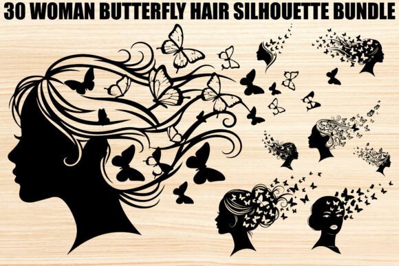 Woman Butterfly Hair Silhouette Bundle: Graphics & Illustrations